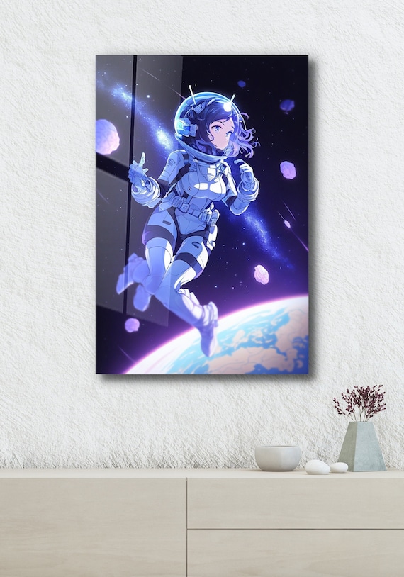 space anime girl white hair with astronaut anime art in space chess