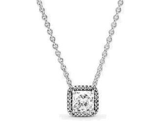 Pandora Square Sparkle Halo Necklace S925 Elegance Halo Sparkling Square Pendant Necklace 45cm Chain Length Modern and Timeless Gift for Her