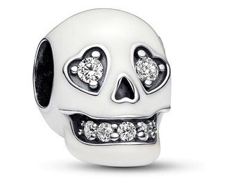 Pandora Glow-in-the-dark Skull Charm: Handmade Enamel with Unique Mouth and Heart-shaped Eyes Modern Engraved Trending Accent, Fast Shipping