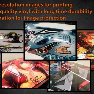 May include: The image showcases several high-resolution prints on vinyl, including anime-style illustrations and a shark graphic. The prints are laminated for image protection and long-lasting durability. The D&P logo is in the upper right corner.