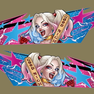 May include: Illustration of a woman with blonde pigtails, blue and pink hair, and a gold choker, holding a baseball bat with "GOOD NIGHT" printed on it. The background features pink and blue stars and a distressed design.