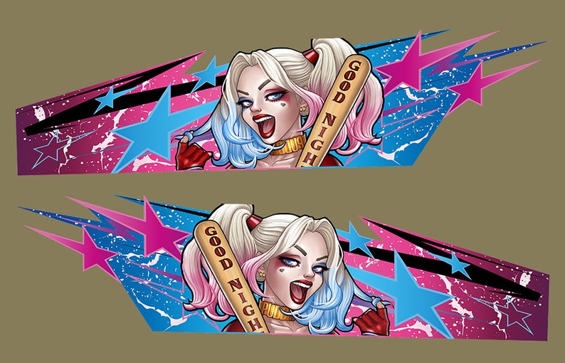May include: Illustration of a woman with blonde pigtails, blue and pink hair, and a gold choker, holding a baseball bat with "GOOD NIGHT" printed on it. The background features pink and blue stars and a distressed design.