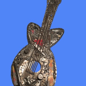 Mechanical Metal Guitar Sculpture, Handcrafted Music Decor, One-of-a-Kind Gift for Guitar Lover