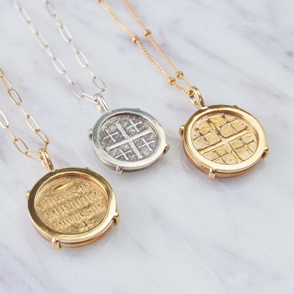 Jerusalem Cross 18mm Coin w/Bezel Pendant & Necklace - Gold or Silver