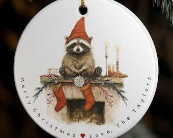 Cute Personalized Christmas Ceramic Ornament, Customized ornament, Raccoon Xmas Ornament, Custom family Name keepsake, stocking filler