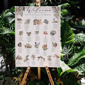 May include: A wedding welcome sign on a wooden easel. The sign features the text "Welcome to the wedding of Christina & Andrew" and includes illustrations of various animals. The date "16 August 2020" is also displayed.