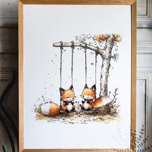 May include: Two orange foxes sitting on a swing made of branches. The foxes are smiling and holding their paws together. The swing is hanging from a tree with brown bark. The background is a watercolor wash of light brown and white.