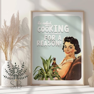 Retro Kitchen Print, Funny 50s Cooking Poster, Vintage Happy Housewife Kitchen Poster, cooKING printable, Funny kitchen housewarming Gifts