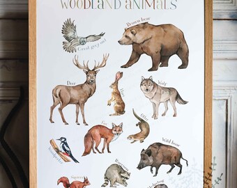 Arte mural de animales del bosque, póster de animales, aprendizaje infantil, decoración de guardería Montessori, aprendizaje en casa y escuela, póster de animales para preescolar.