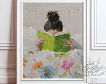 May include: A painting of a person reading a green book in bed. The bed has a floral patterned sheet with pink, orange, and blue flowers.