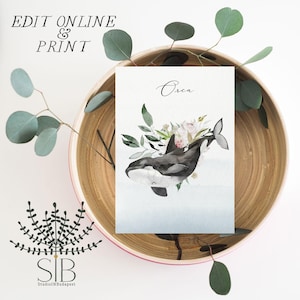 Plantilla de tarjeta de mesa de boda con animales marinos y flores