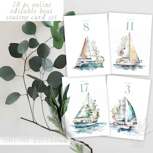 May include: Four white cards with watercolor sailboat illustrations, each with a table number. The sailboats have colorful sails and floral accents. Text on the cards reads "18 pc online editable boat seating card set" and "ONLINE EDITABLE".