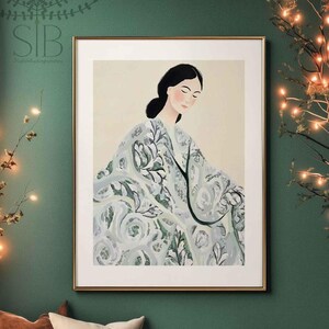 Woman portrait Art Print Contemporary Dusty blue floral painting, Minimalist wall art, Modern print Decor, gallery wall art