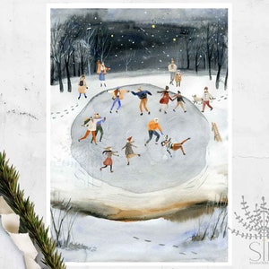 Winter ice skating watercolor whimsical folk art printable Christmas decoration or cabin  wall art