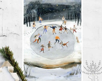 Winter Schlittschuhlaufen Aquarell wunderliche Volkskunst druckbare Weihnachtsdekoration oder Hütte Wandkunst