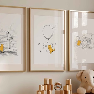 Ilustración vintage clásica de Winnie the Pooh para imprimir, 3 piezas, arte de pared vintage para guardería, impresión de oso para habitación de niños - IMPRIMIBLE