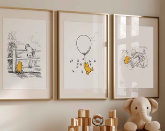 Vintage Winnie the Pooh Nursery Print Set, Classic Bear Wall Art, Storybook Illustration, Kids Room Decor Printable
