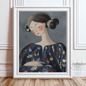 Woman portrait Art Print Contemporary blue floral painting, Minimalist wall art, Modern print Decor, blue floral portrait gallery wall art