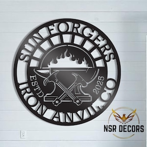 May include: Black metal wall art featuring the words "Sun Forgers Iron Anvil Est'd 2025 Co." in a circular design. The artwork depicts a blacksmith's anvil with a hammer and tongs crossed over it, and flames rising from the anvil.