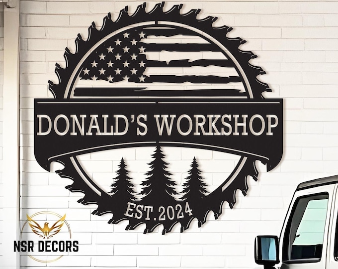 Custom American Flag Metal Workshop Sign: Garage Decor