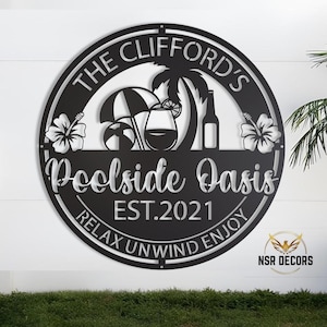 Custom Poolside Oasis Metal Sign: Lake House Wall Art