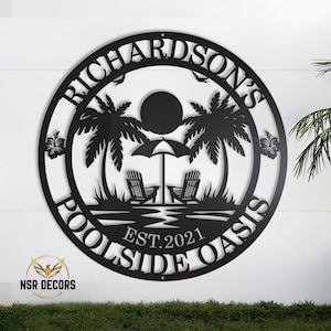 Letreros de metal personalizados para bar junto a la piscina, letrero de bienvenida familiar, decoración de palmeras Aloha, decoración de casas de playa, letrero de oasis, regalos para fiestas en la playa en casa