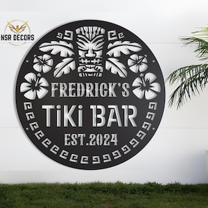 Letrero de bar Tiki con diseño floral personalizado, nuevo letrero de bar para el patio trasero, decoración de pared de oasis junto a la playa, colgante de pared de bar junto a la piscina, letrero de metal tropical para patio, decoración de piscina