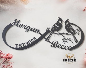 Custom Infinity Metal Sign, Couple Cardinal Bird Family Monogram