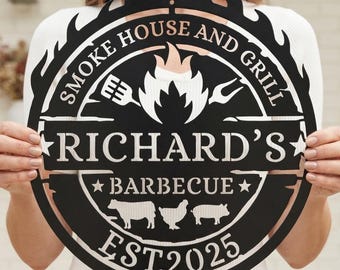 Personalized Metal BBQ Sign – Custom Smoke House Grill Wall Art – Outdoor Kitchen Gifts
