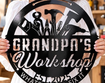 Personalized Grandpa's Workshop Metal Sign: Handyman Garage Décor, DIY Man Cave Sign, Man Cave Workshop Sign, Father's Day Gift for Grandpa