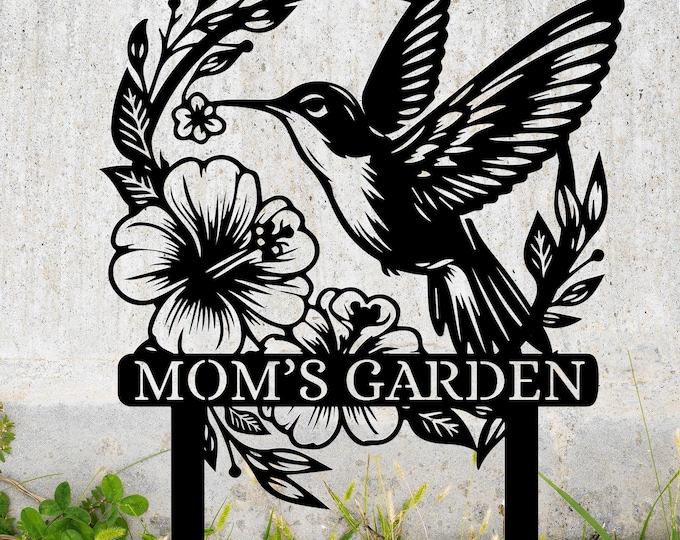 Personalized Hummingbird Garden Stake, Custom Metal Floral Plant Sign, Mom's Garden Decor, Christmas Gift for Gardener, Outdoor Keepsake