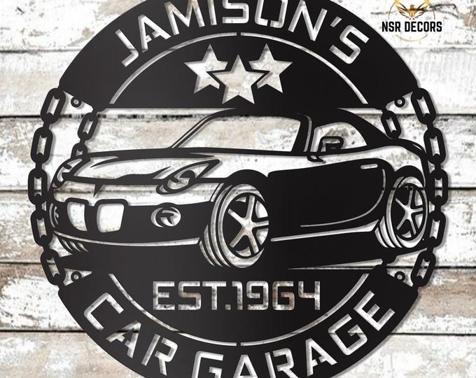 Personalized Garage Metal Sign, Custom Name Car Wall Art, Man Cave Auto Decor,