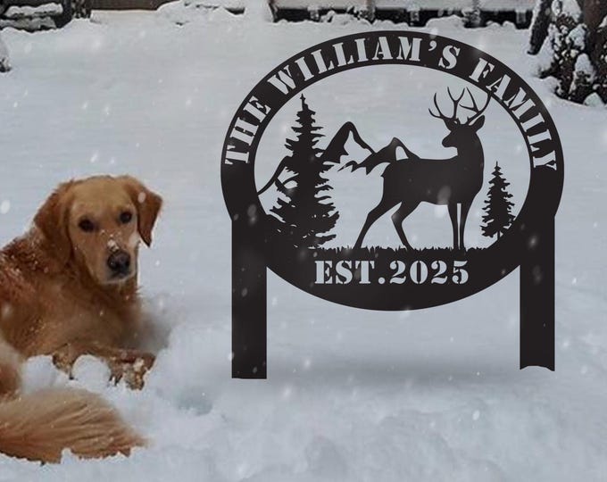 Personalized Deer Family Metal Yard Stake: Rustic Cabin Sign