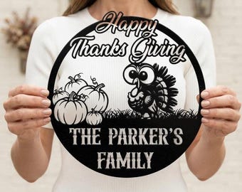 Personalized Thanksgiving Metal Sign, Custom Family Name Turkey Wall Art, Pumpkin Harvest Door Decor, Autumn Housewarming Gift