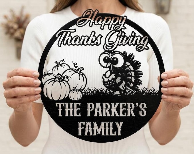 Personalized Thanksgiving Metal Sign, Custom Family Name Turkey Wall Art, Pumpkin Harvest Door Decor, Autumn Housewarming Gift