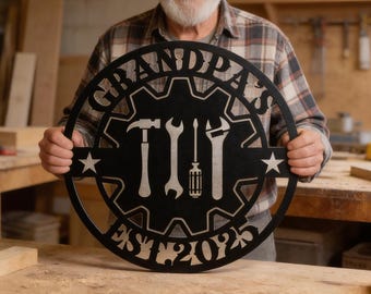 Personalized Workshop Sign for Grandpa, Custom Metal Garage Wall Art, Grandad’s Shed Decor, Tools Sign for Dad, Father’s Day Gift