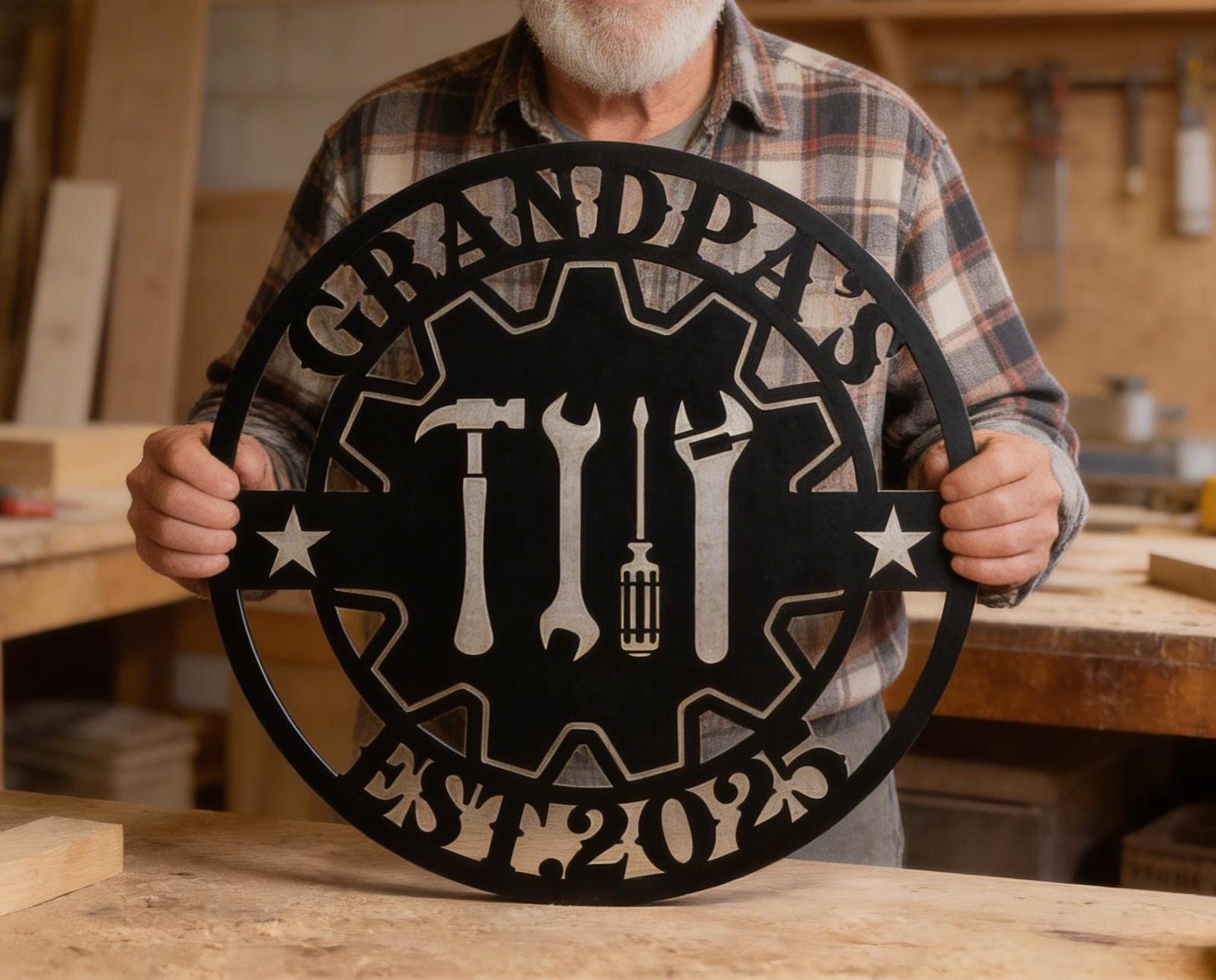 Personalized Grandpa Metal Sign, Custom Workshop Garage Art, Grandad's Tools Decor