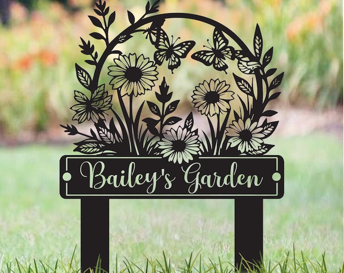 Custom Metal Garden Sign: Personalized Flower & Butterfly Name Stake