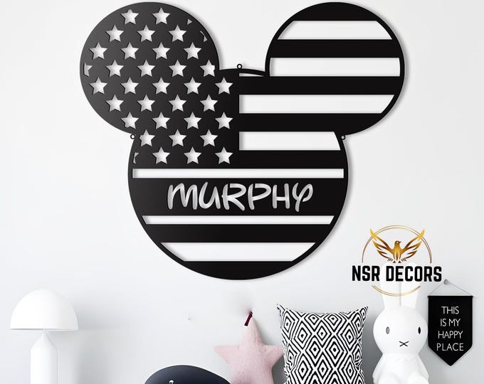 Customizable American Flag Mickey Head Metal Sign, Disney Home Decor