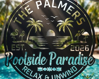 Letrero personalizado de flamenco para piscina, arte metálico de puesta de sol, decoración de pared exterior para patio trasero con nombre personalizado, placa tropical para patio, regalo de bienvenida, relajación y desconexión.