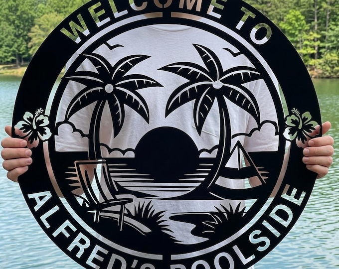 Personalized Metal Poolside Sign, Tropical Palm Tree Welcome Art
