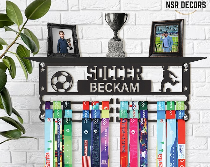 Personalized Soccer Medal Hanger with Trophy Shelf - Custom Name