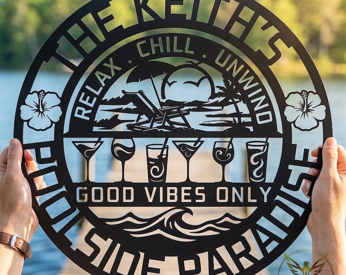 Personalized Poolside Paradise Metal Sign, Custom Family Name Outdoor Decor