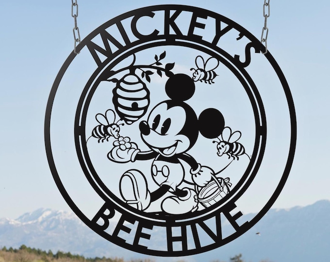 Custom Mickey Mouse Bee Hive Metal Sign – Personalized Garden Decor
