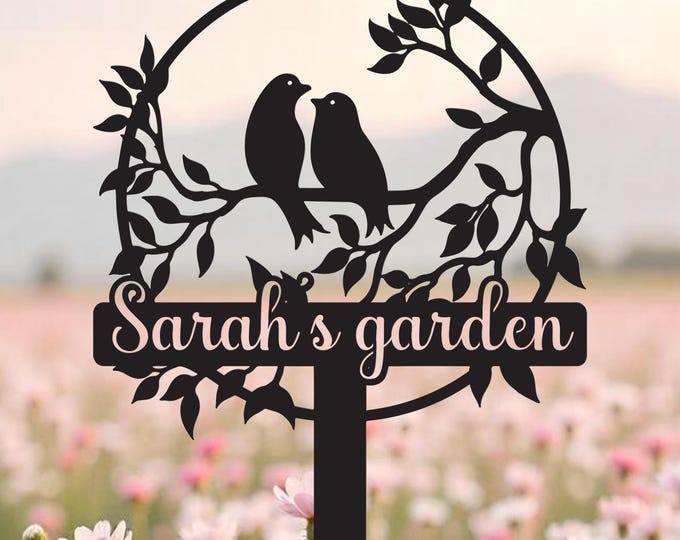 Personalized Love Birds Metal Garden Stake: Romantic Couple Yard Art