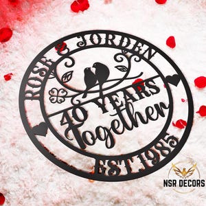 Puede incluir: Un letrero circular de metal negro con el texto "Rose & Jorden 40 Years Together Est 1983" y dos p&aacute;jaros en una rama.