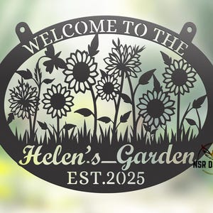 Letrero de jardín personalizado con girasoles, letrero de bienvenida con flores, arte con nombre de familia, decoración de césped, regalo de jardín de flores, letrero de patio de granja, letreros de jardín para niños