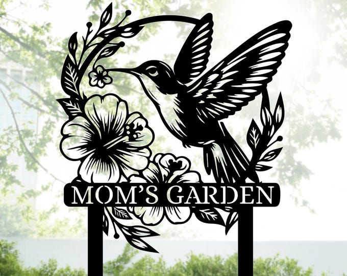 Hummingbird Metal Garden Stake, Custom "Mom's Garden" Sign