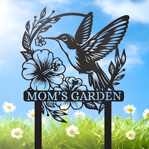 Decoración de jardín de metal con forma de colibrí personalizada, letrero de jardín con forma de pájaro con estacas, letrero de jardín personalizado con diseño de flores, letrero con nombre de jardín personalizado, regalo para el hogar