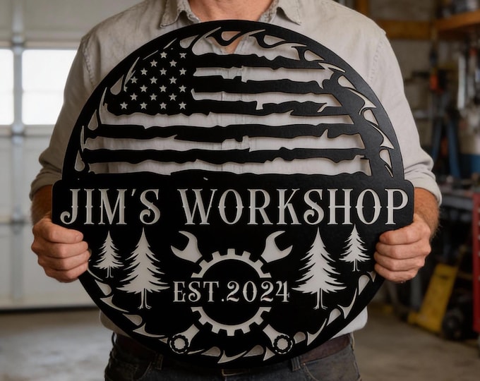 Personalized Garage Metal Sign, American Flag Workshop Decor